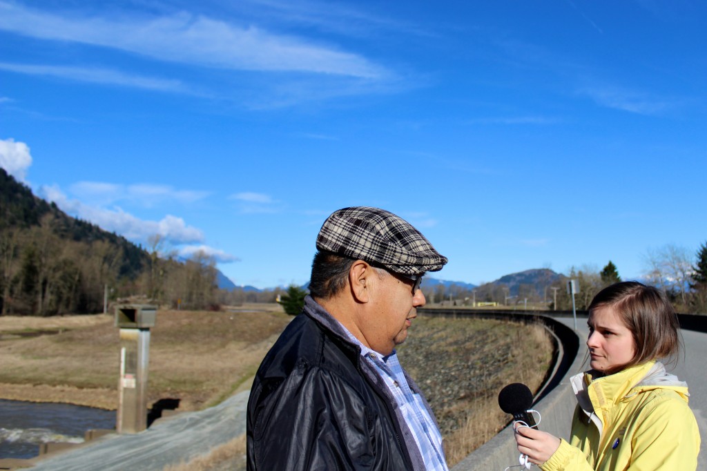 UBC Journalism student Emma Smith interviews former Sumas First Nation chief Lester Ned. Credit: Katelyn Verstraten